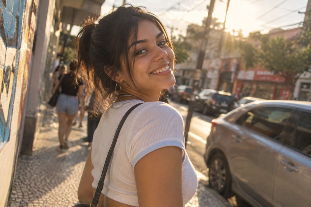 Mulher sorrindo em uma rua ensolarada
